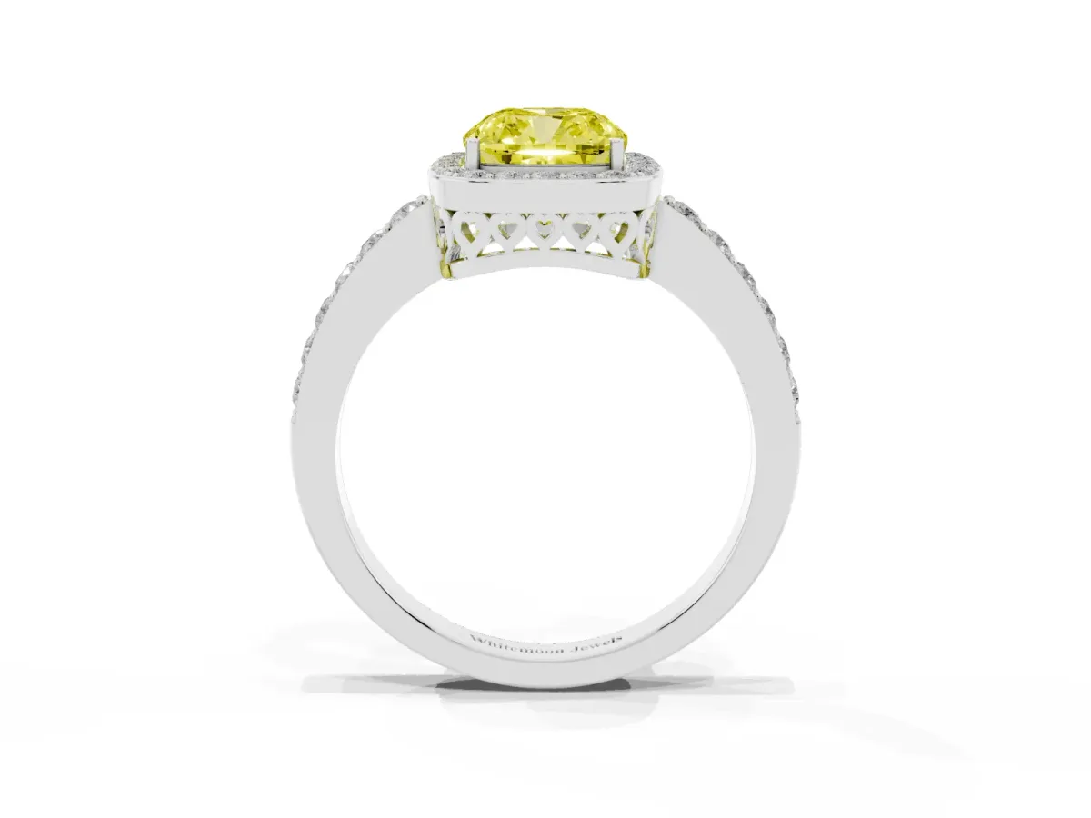 Fancy Yellow Cushion Cut Halo Diamond Pavé Band Ring with Prong Setting Silver