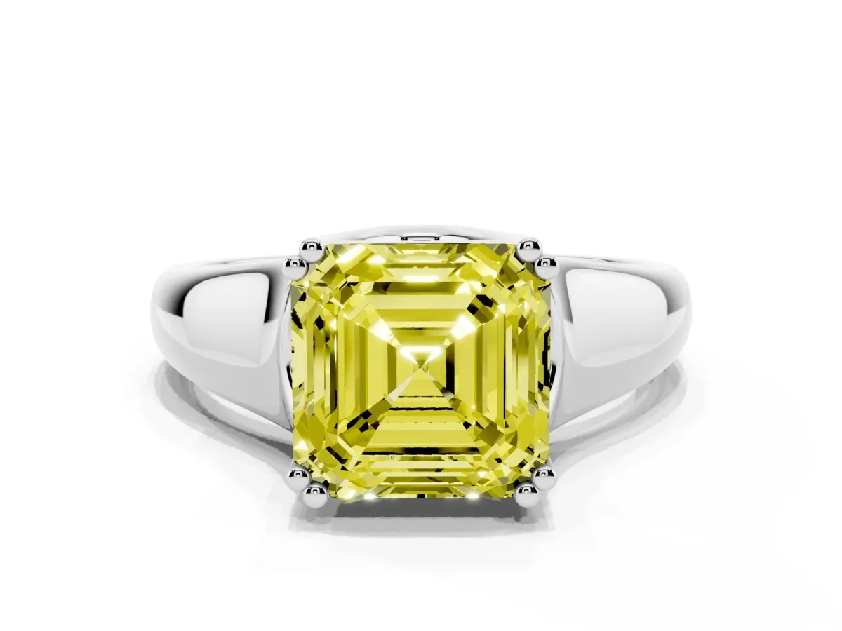 Fancy Yellow Asscher Cut Diamond Solitaire Ring with Wide Band and Prong Setting Platinum