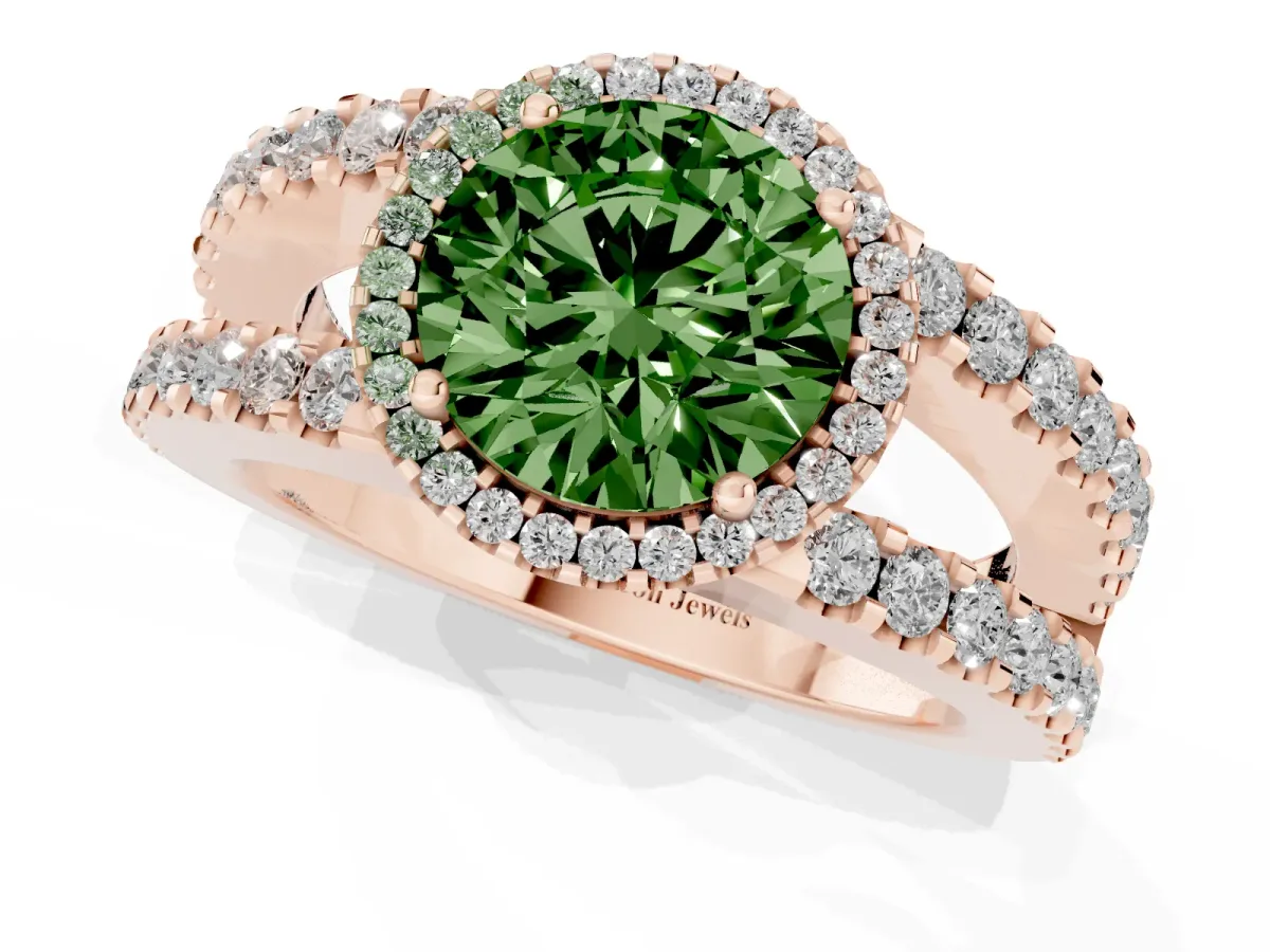 Fancy Green Round Cut Cut Halo Split Shank Diamond Ring with Four-Prong Setting Rose gold