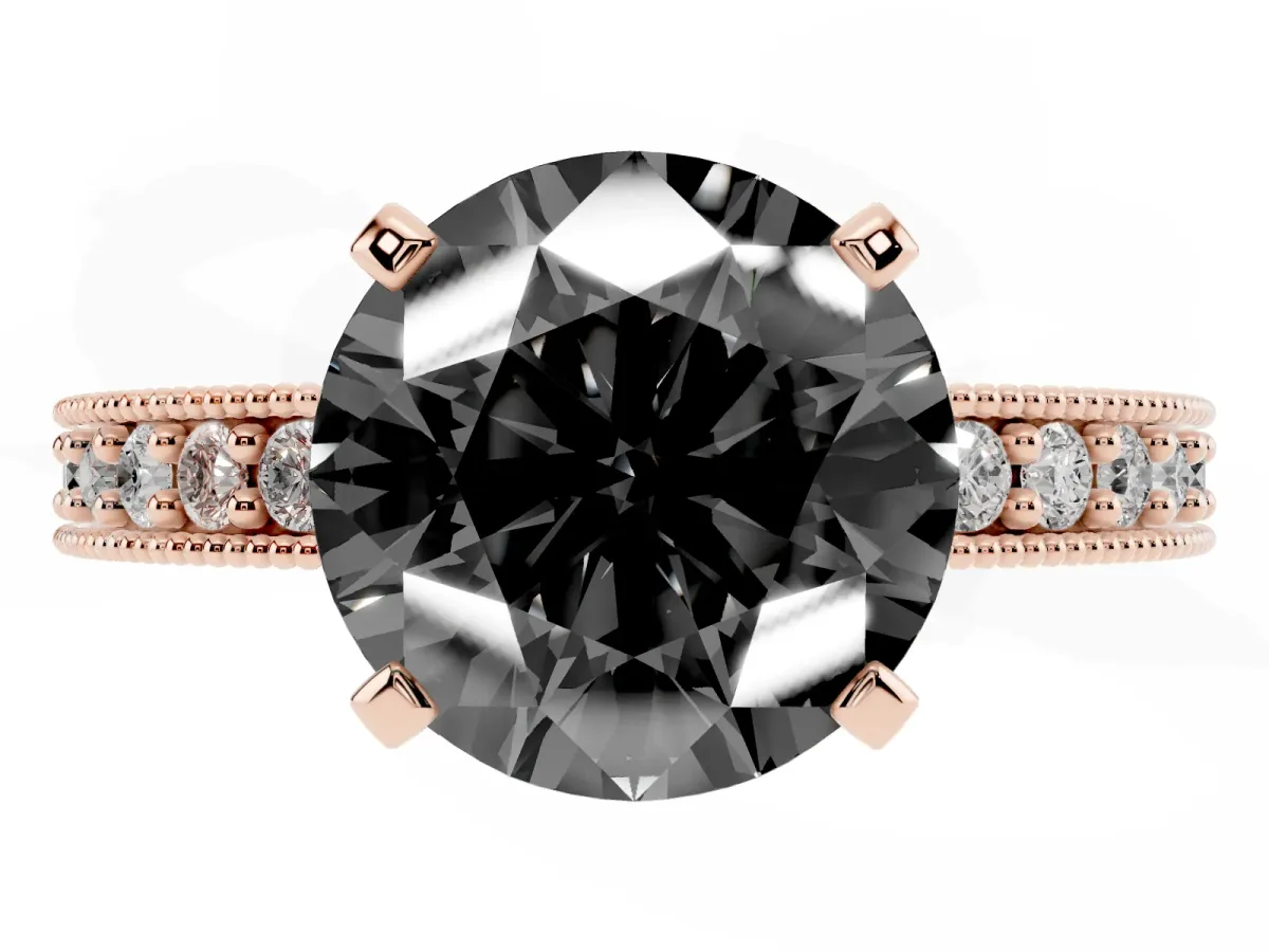 Fancy Black Round Cut Diamond Milgrain Pavé Engagement Ring with Four-Prong Setting Rose gold