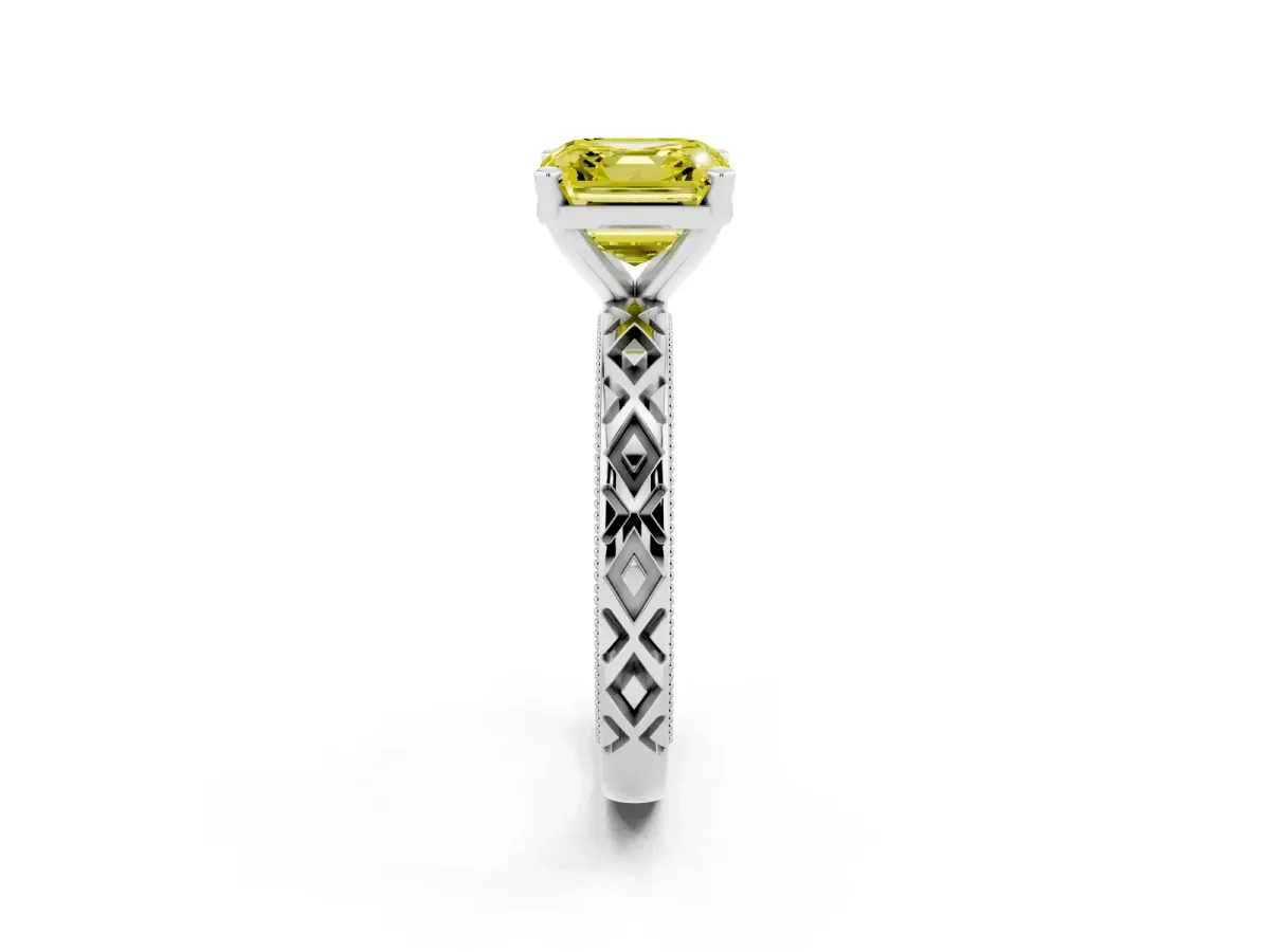 Fancy Yellow Asscher Cut Solitaire Diamond Ring with Milgrain and Black Enamel X Pattern Band Silver