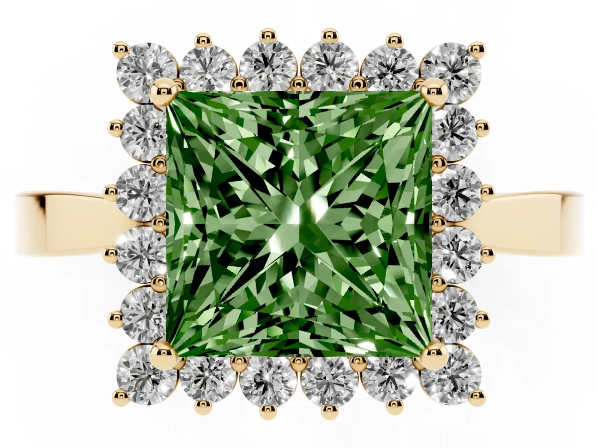 Fancy Green Princess Cut Cut Diamond Halo Ring with Round Brilliant Halo and Solitaire Band Yellow gold