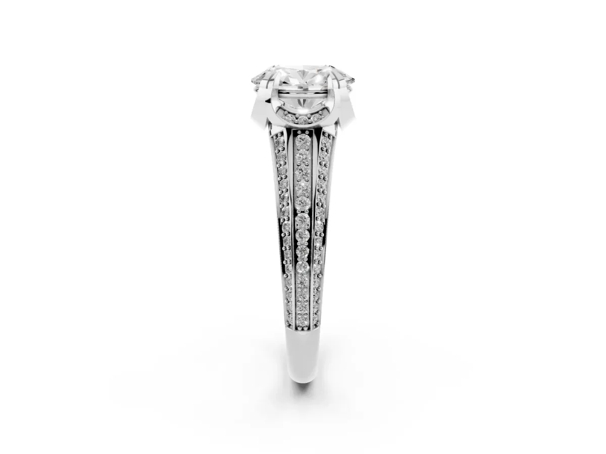 Oval Cut Solitaire Pave Split Shank Ring with Four-Prong Setting Platinum