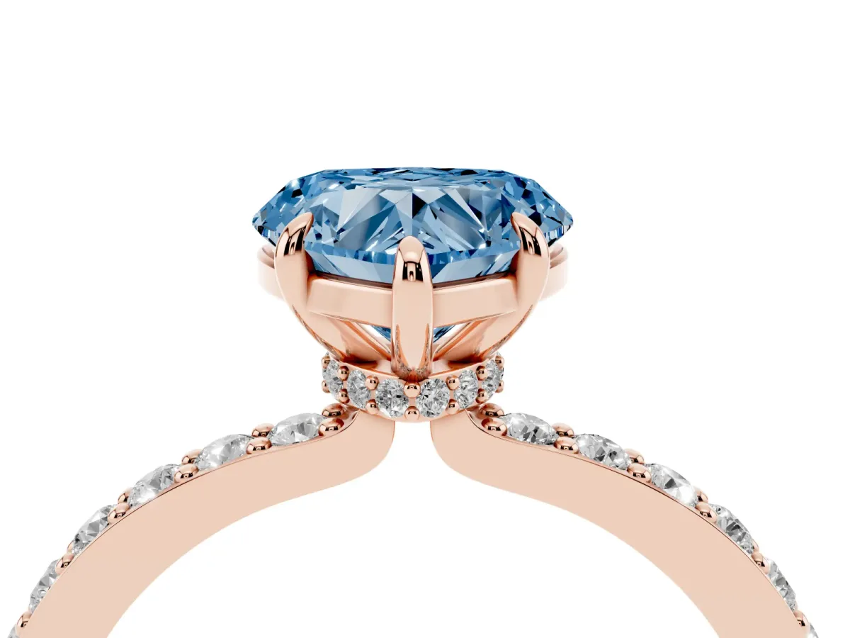 Fancy Blue Heart Cut Diamond Pavé Engagement Ring with Round Accents and Prong Setting Rose gold