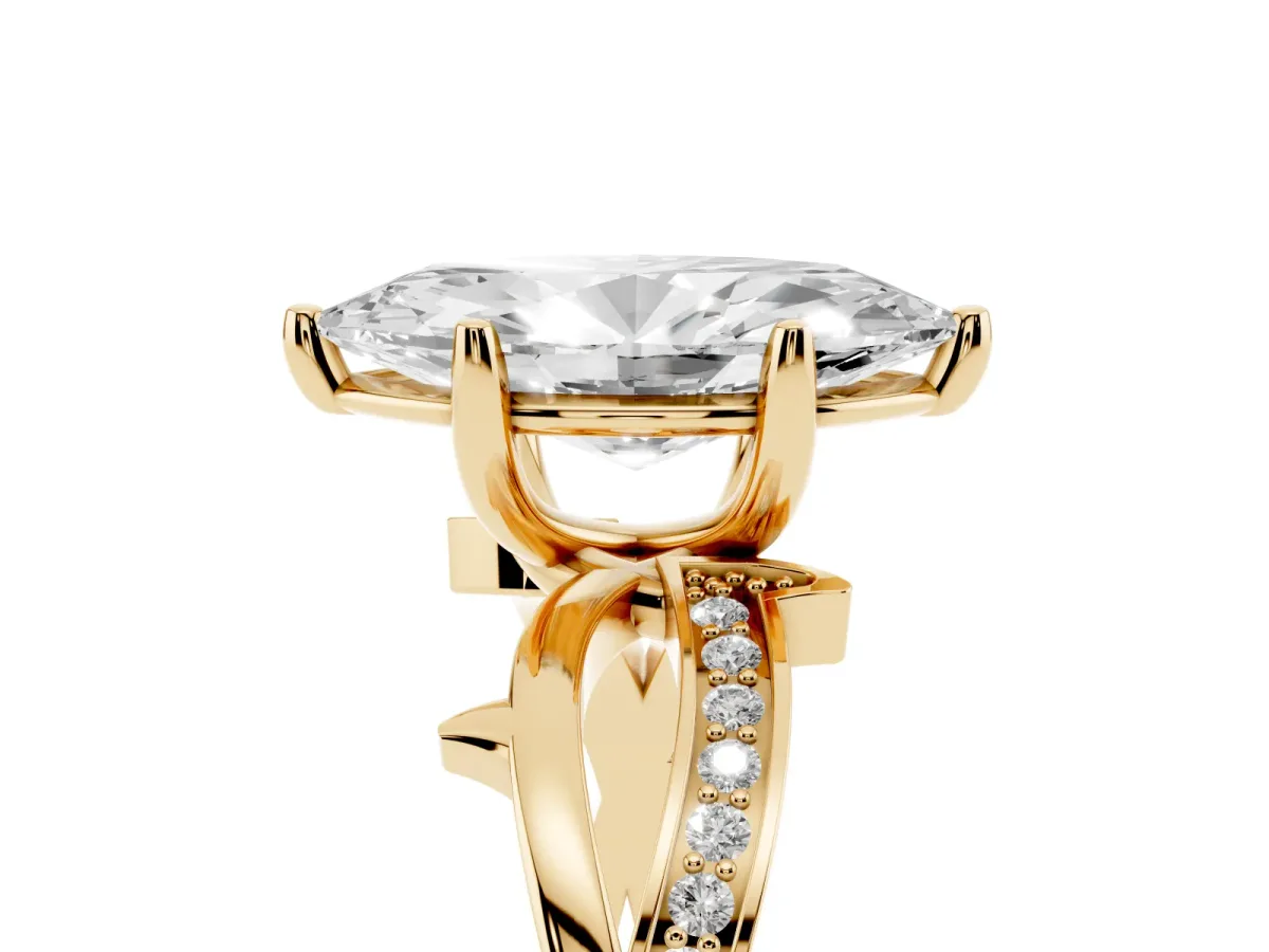 Marquise Cut Solitaire Twist Band with Pavé Accents and Four-Prong Setting Yellow gold