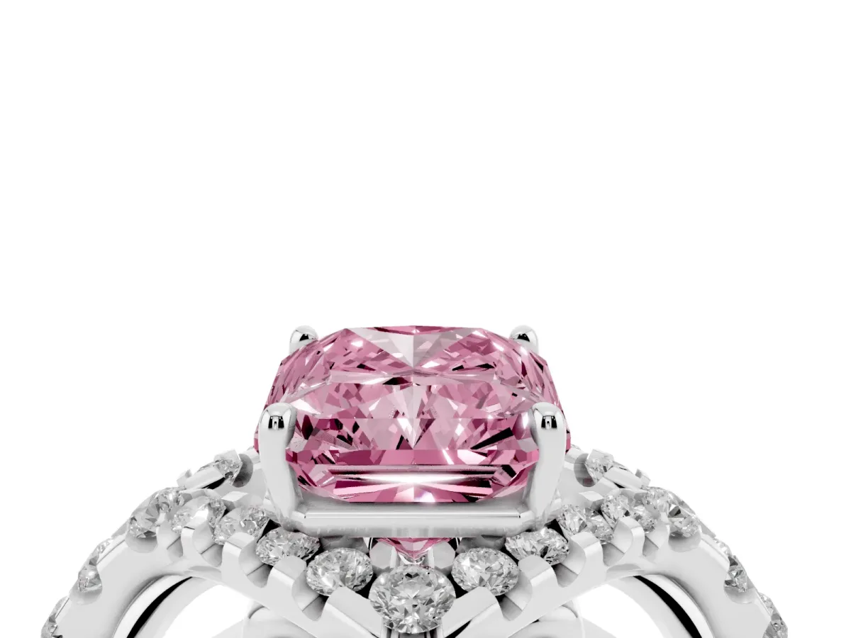 Fancy Pink Radiant Cut Diamond Solitaire Ring with Hidden Halo and Pavé Band Silver