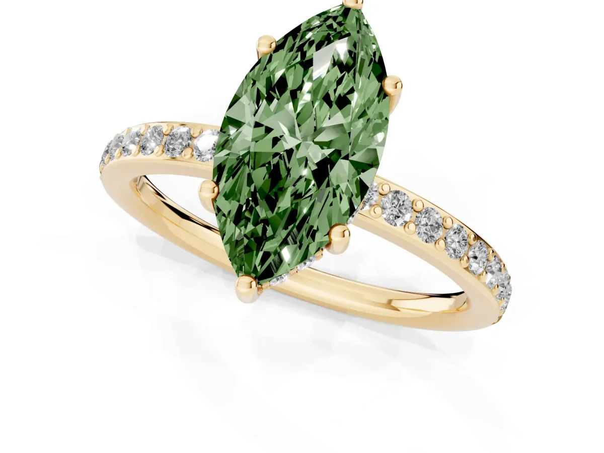 Fancy Green Marquise Cut Cut Diamond Pavé Band Ring with Four-Prong Setting Yellow gold