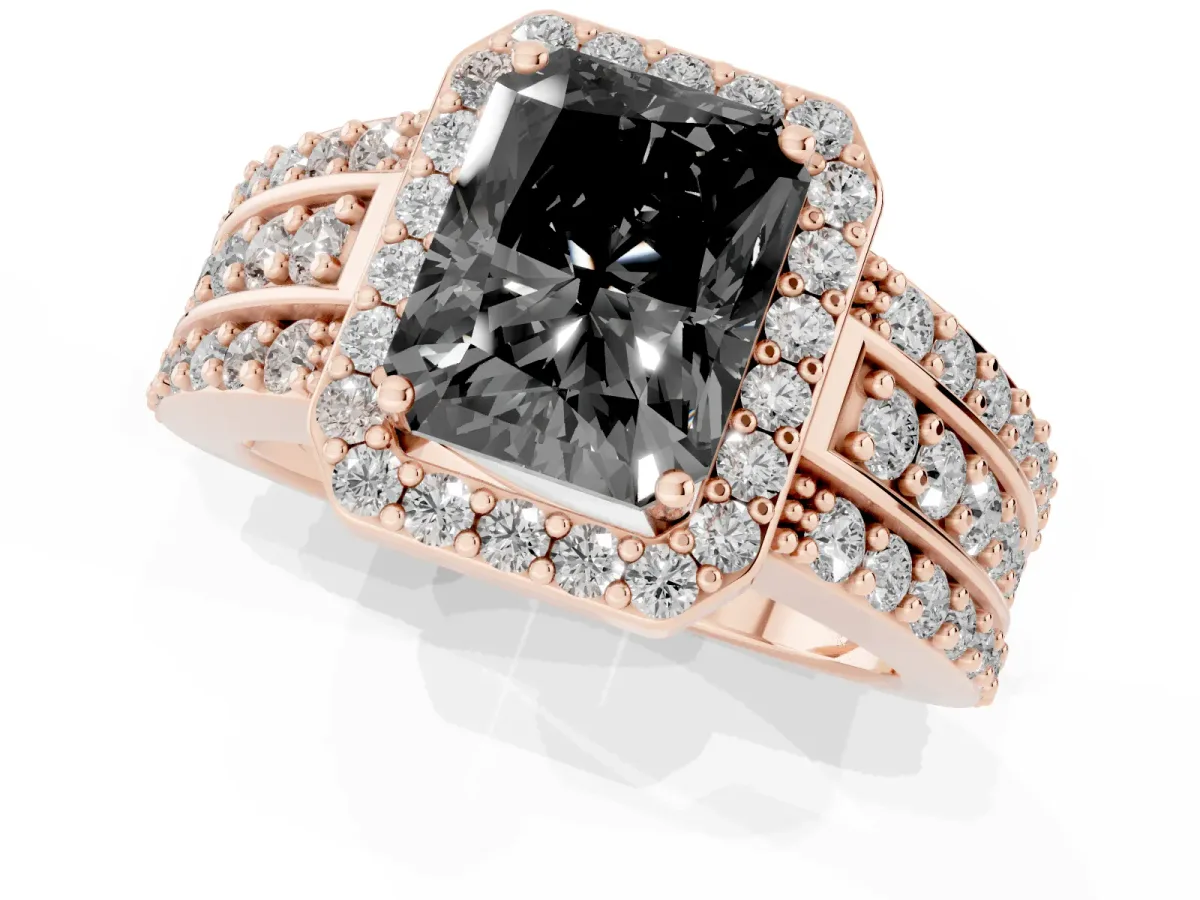 Fancy Black Radiant Cut Halo Diamond Ring with Round Split Shank and Prong Setting Rose gold