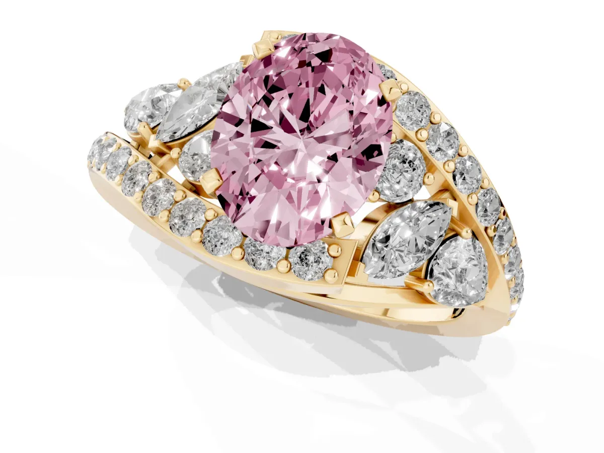 Fancy Pink Oval Cut Diamond Halo Ring with Marquise and Pavé Band in Prong Setting Yellow gold