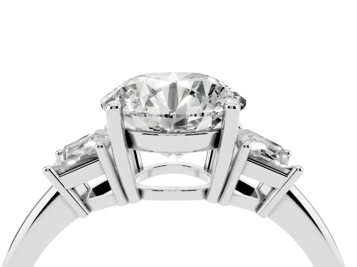 Round Cut Diamond Three-Stone Ring with Trapezoid Side Stones and Prong Setting Platinum