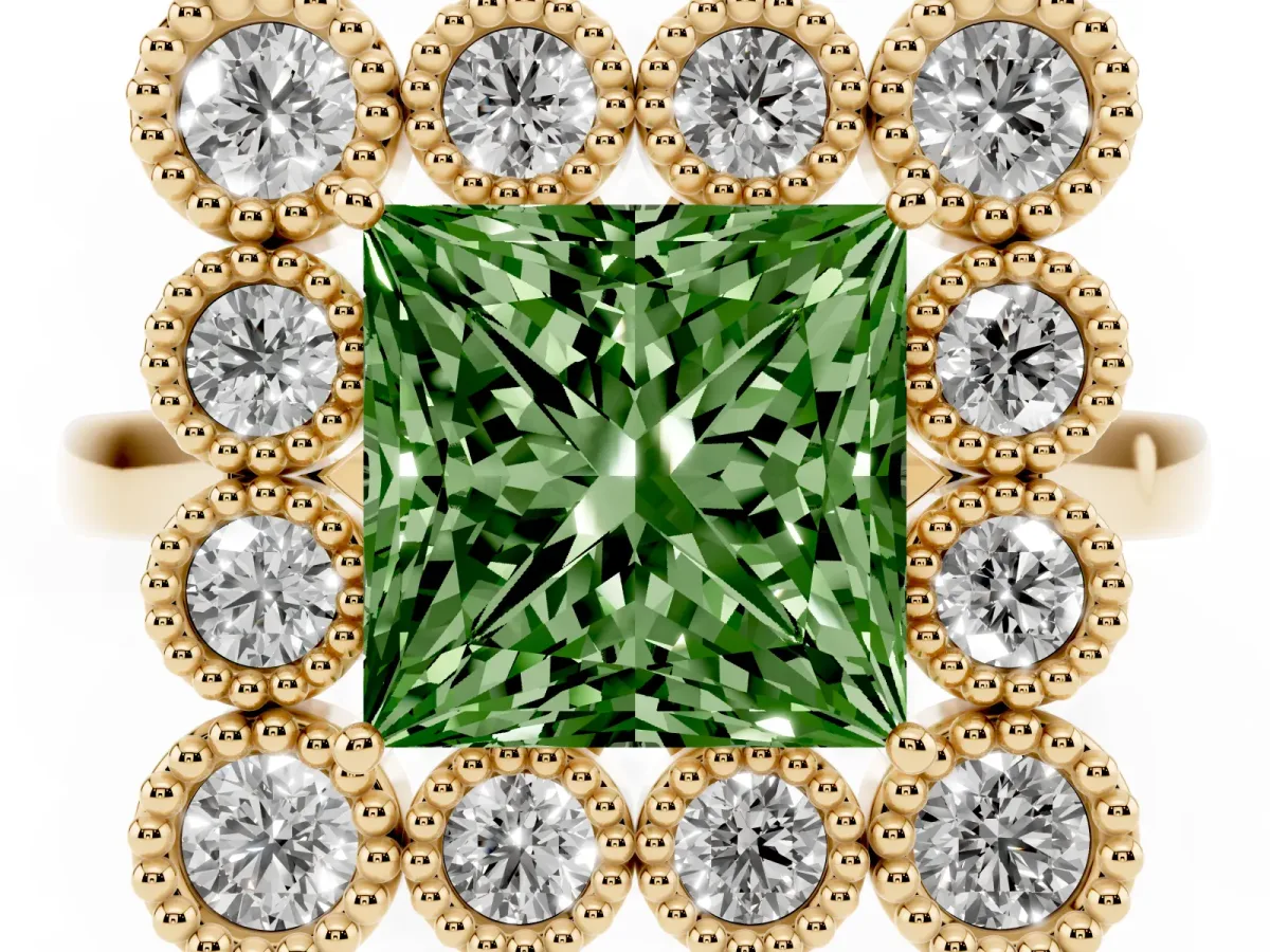 Fancy Green Princess Cut Halo Diamond Cluster Engagement Ring with Milgrain Bezel Setting and Solitaire Band Yellow gold
