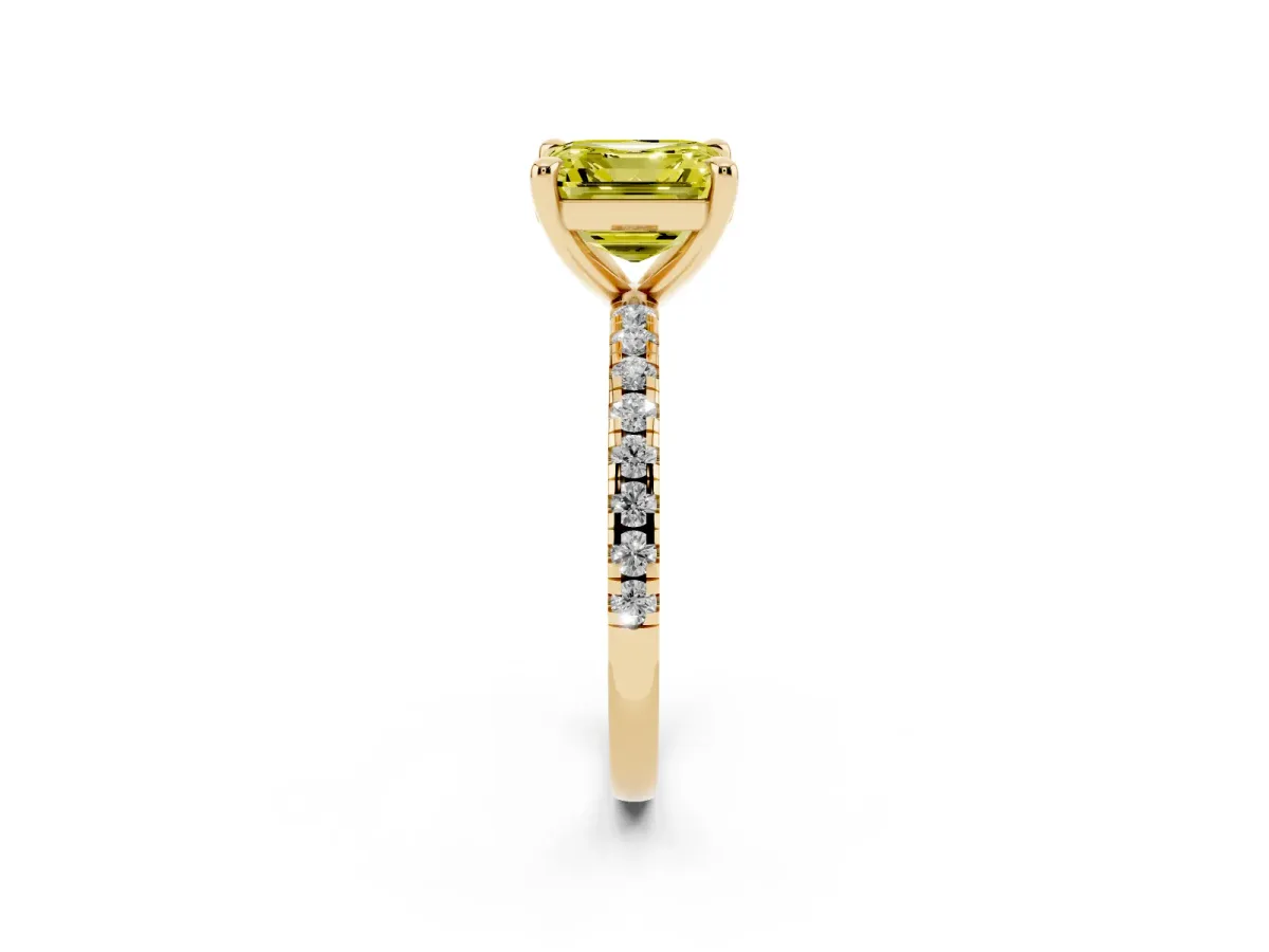 Fancy Yellow Asscher Cut Diamond Brilliant Solitaire Ring with Pavé Band and Four-Prong Setting Yellow gold
