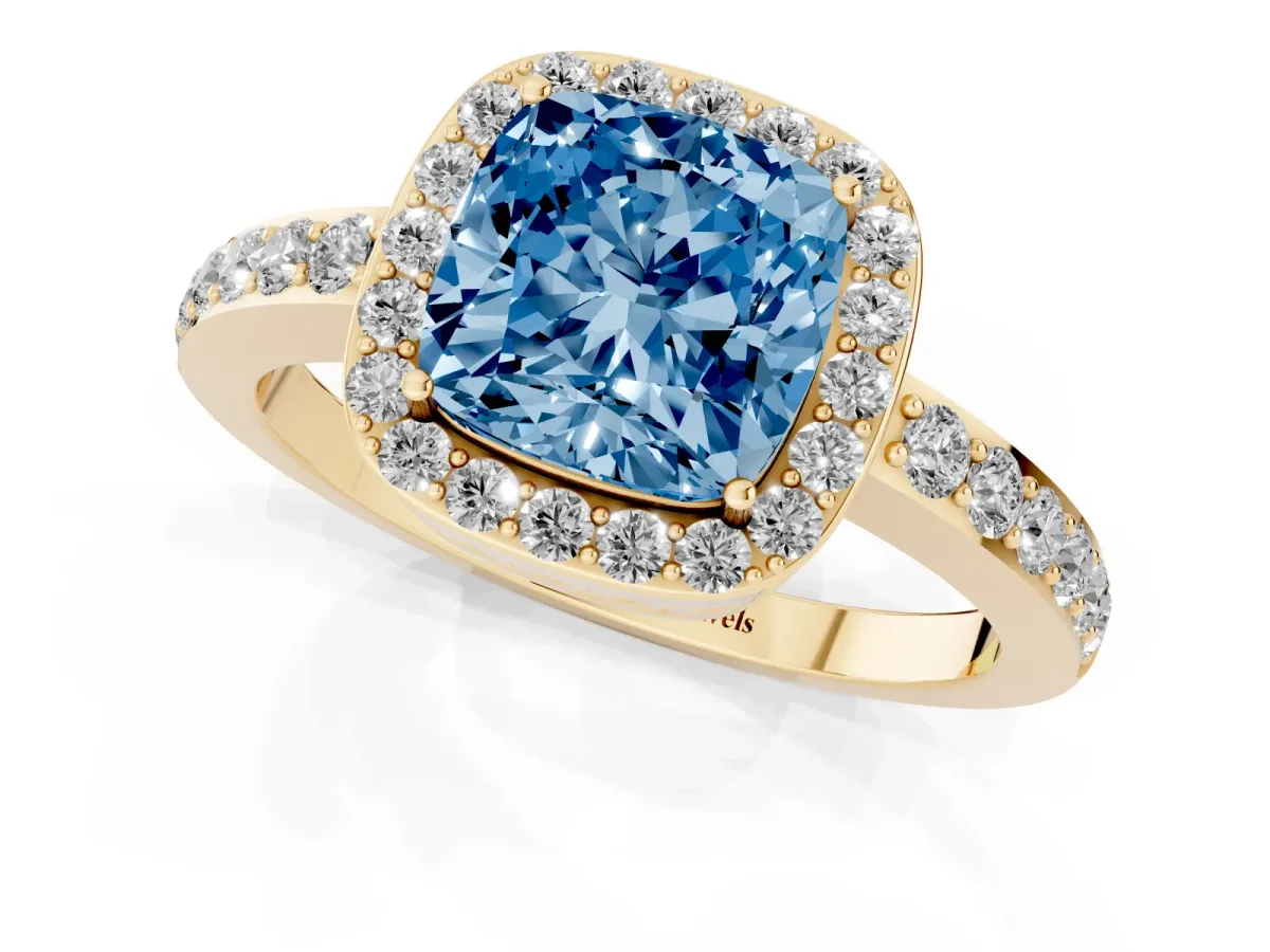 Fancy Blue Cushion Cut Halo Diamond Pavé Band Ring with Prong Setting Yellow gold
