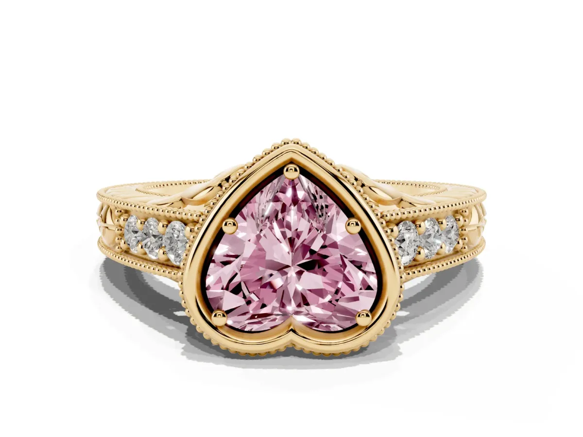 Fancy Pink Bezel Set Heart Cut Diamond Milgrain Pave Engagement Ring Yellow gold