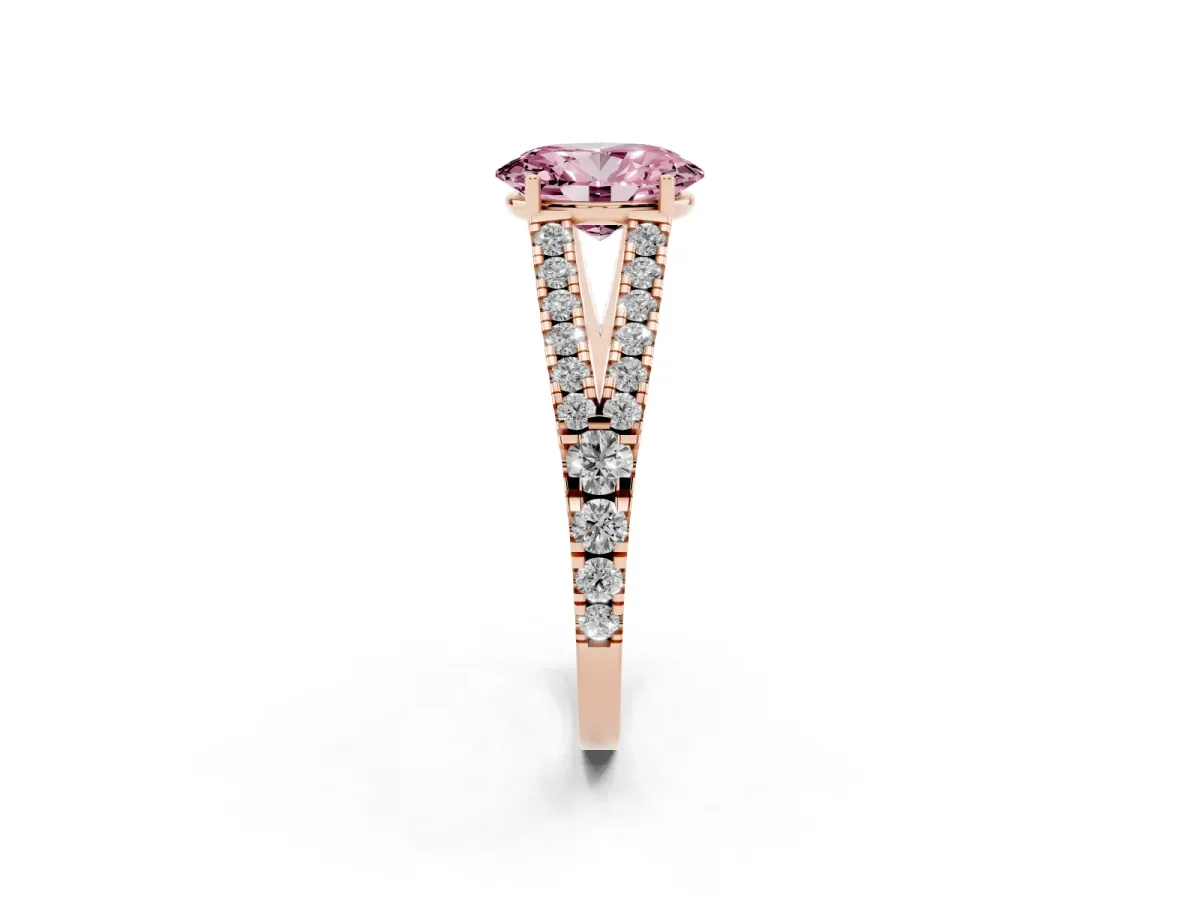 Fancy Pink Oval Cut Diamond Split Shank Engagement Ring with Round Pavé and Prong Setting Rose gold