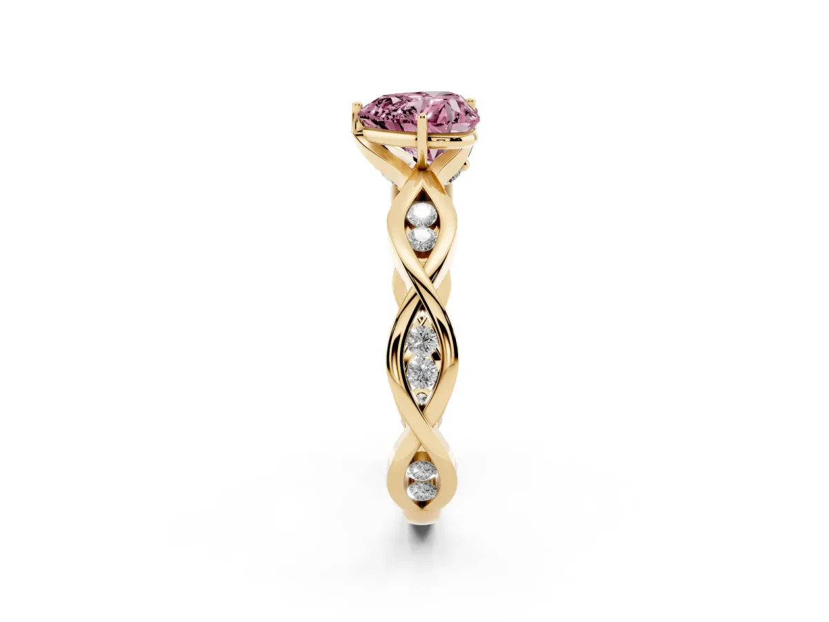 Fancy Pink Heart Cut Solitaire Twist Band with Leaf Prong Setting Yellow gold