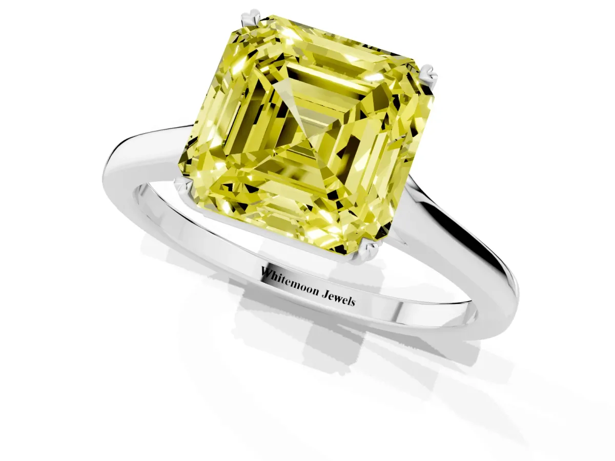 Fancy Yellow Asscher Cut Solitaire Heart Prong Engagement Ring with Tapered Band White gold