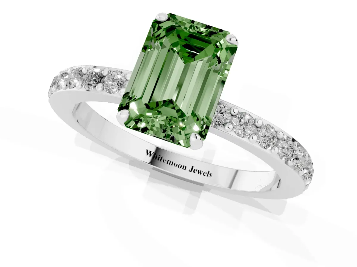 Fancy Green Emerald Cut Diamond Pavé Engagement Ring with Round Accents and Prong Setting White gold