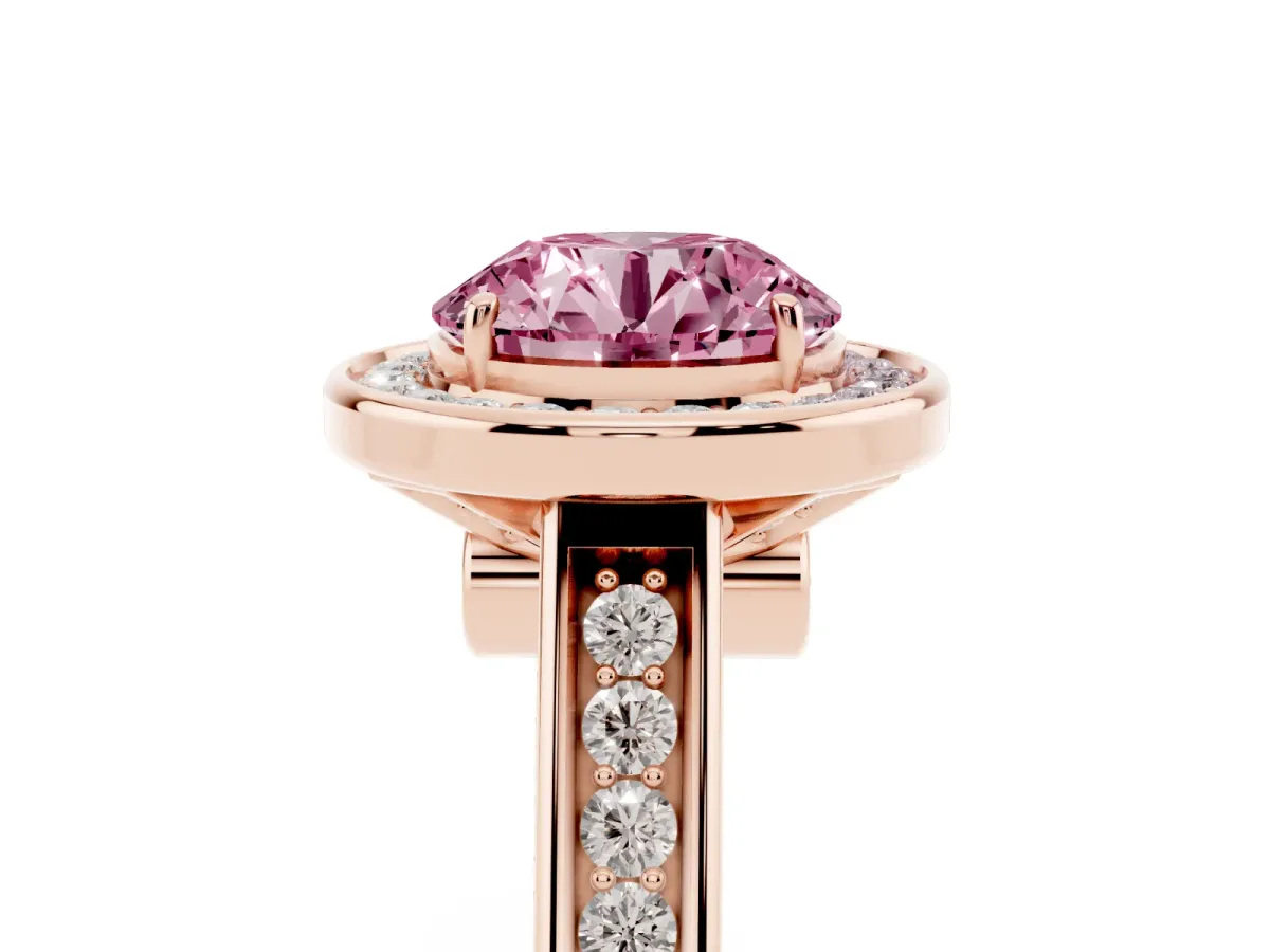 Fancy Pink Round Cut Halo Solitaire Diamond Ring with Pave Band and Bezel Setting Rose gold