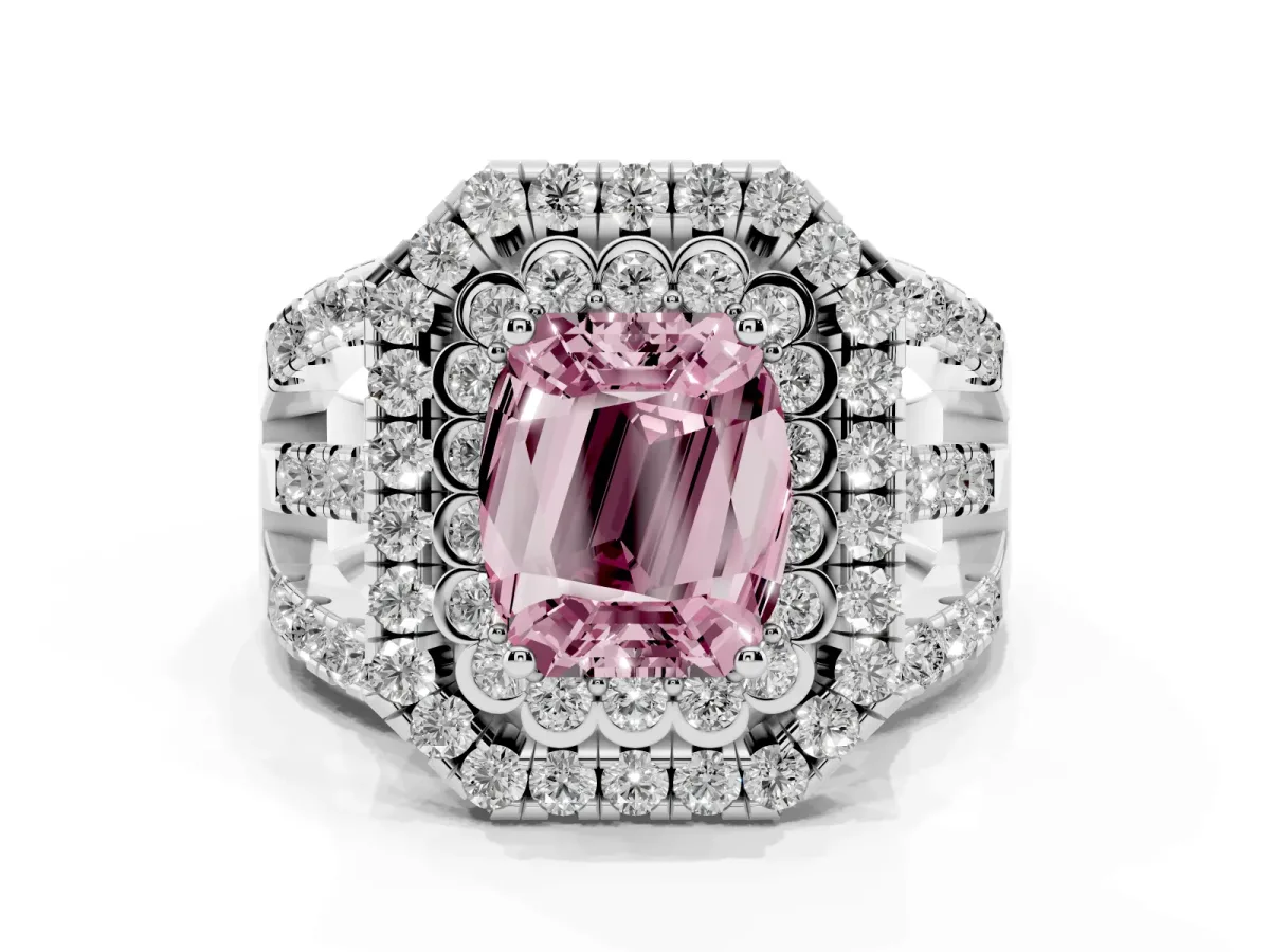 Fancy Pink Emerald Cut Diamond Double Halo Ring with Round Pavé Split Shank and Prong Setting Silver