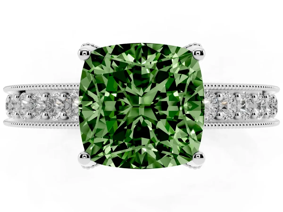 Fancy Green Cushion Cut Cut Diamond Solitaire Ring with Milgrain Pave Band and Four Prong Setting Silver