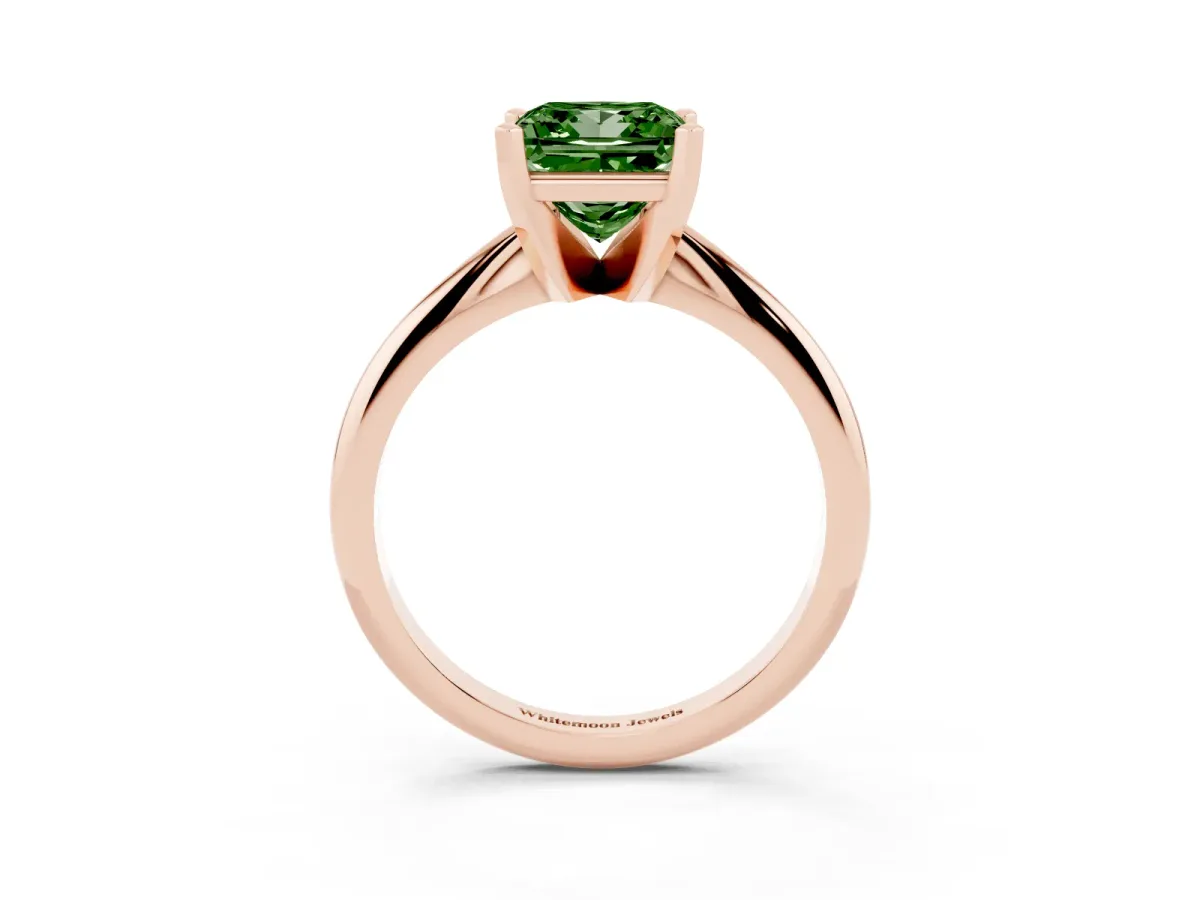 Fancy Green Princess Cut Cut Solitaire Ring with Four-Prong Setting on a Classic Band Rose gold
