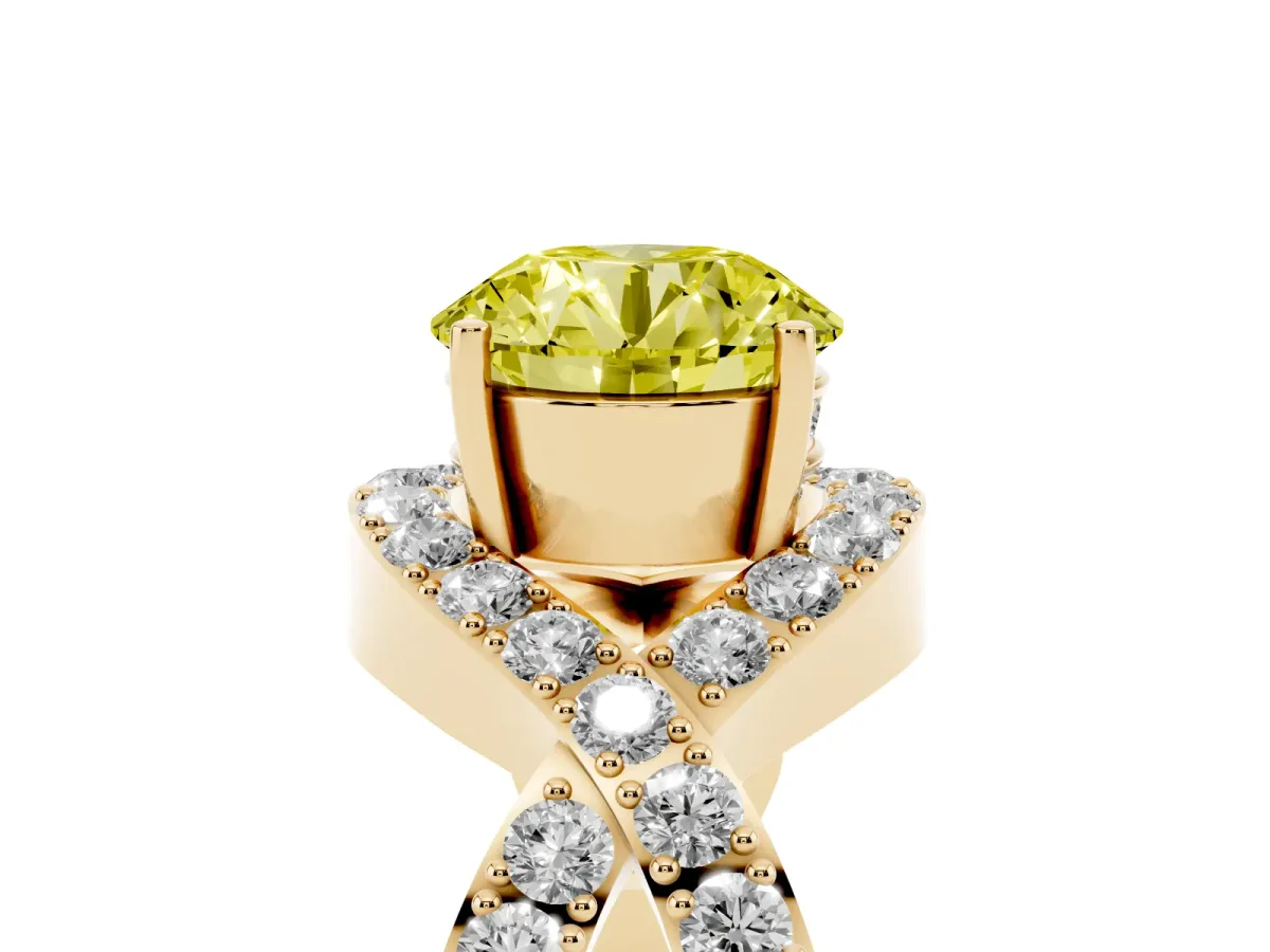 Fancy Yellow Round Cut Solitaire Twist Band Pavé Diamond Engagement Ring Yellow gold
