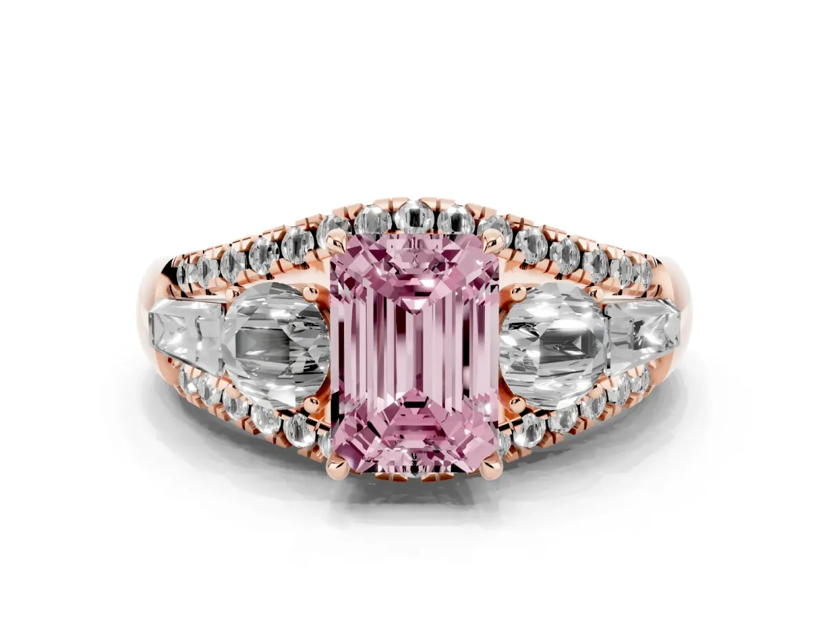 Fancy Pink Three-Stone Emerald Cut Diamond Engagement Ring with Pave Band and Prong Setting Rose gold
