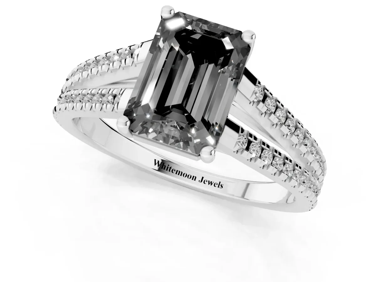 Fancy Black Emerald Cut Diamond Solitaire Engagement Ring with Split Shank Pavé Band Silver