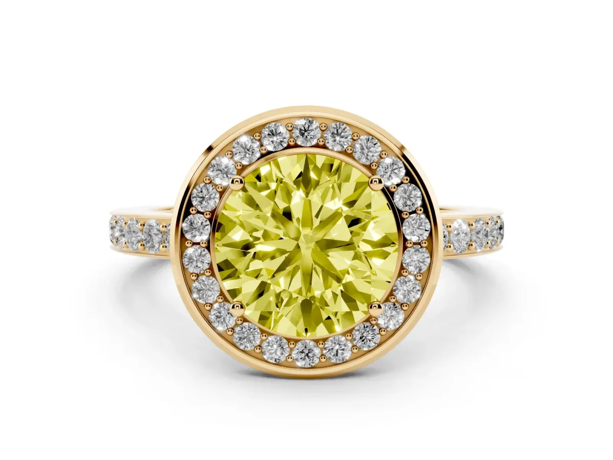 Fancy Yellow Round Cut Diamond Halo Ring with Bezel Frame and Pavé Band Yellow gold