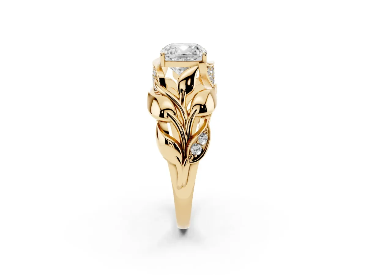 Cushion Cut Diamond Leaf-Inspired Engagement Ring with Round Accents and Prong Setting Yellow gold