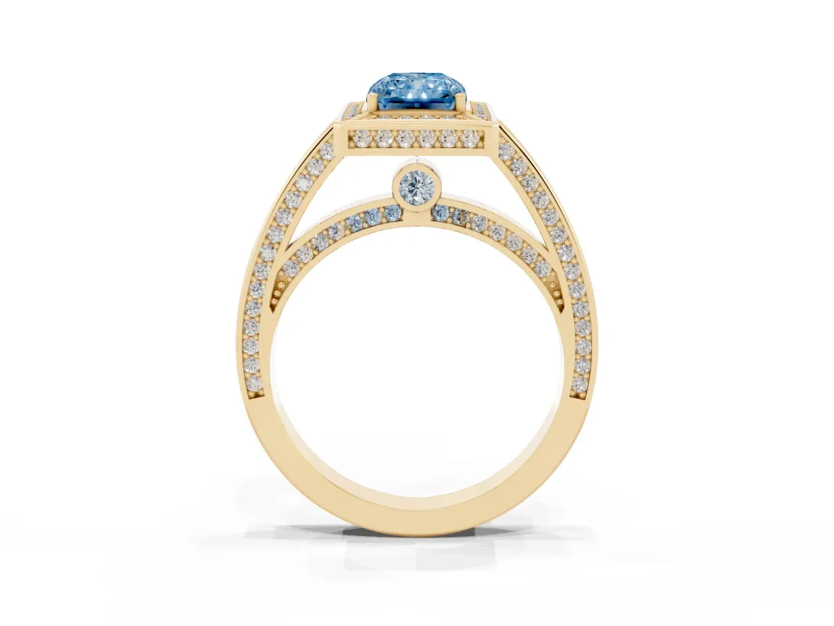 Fancy Blue Radiant Cut Cut Halo Pave Split Shank Prong Setting Ring Yellow gold