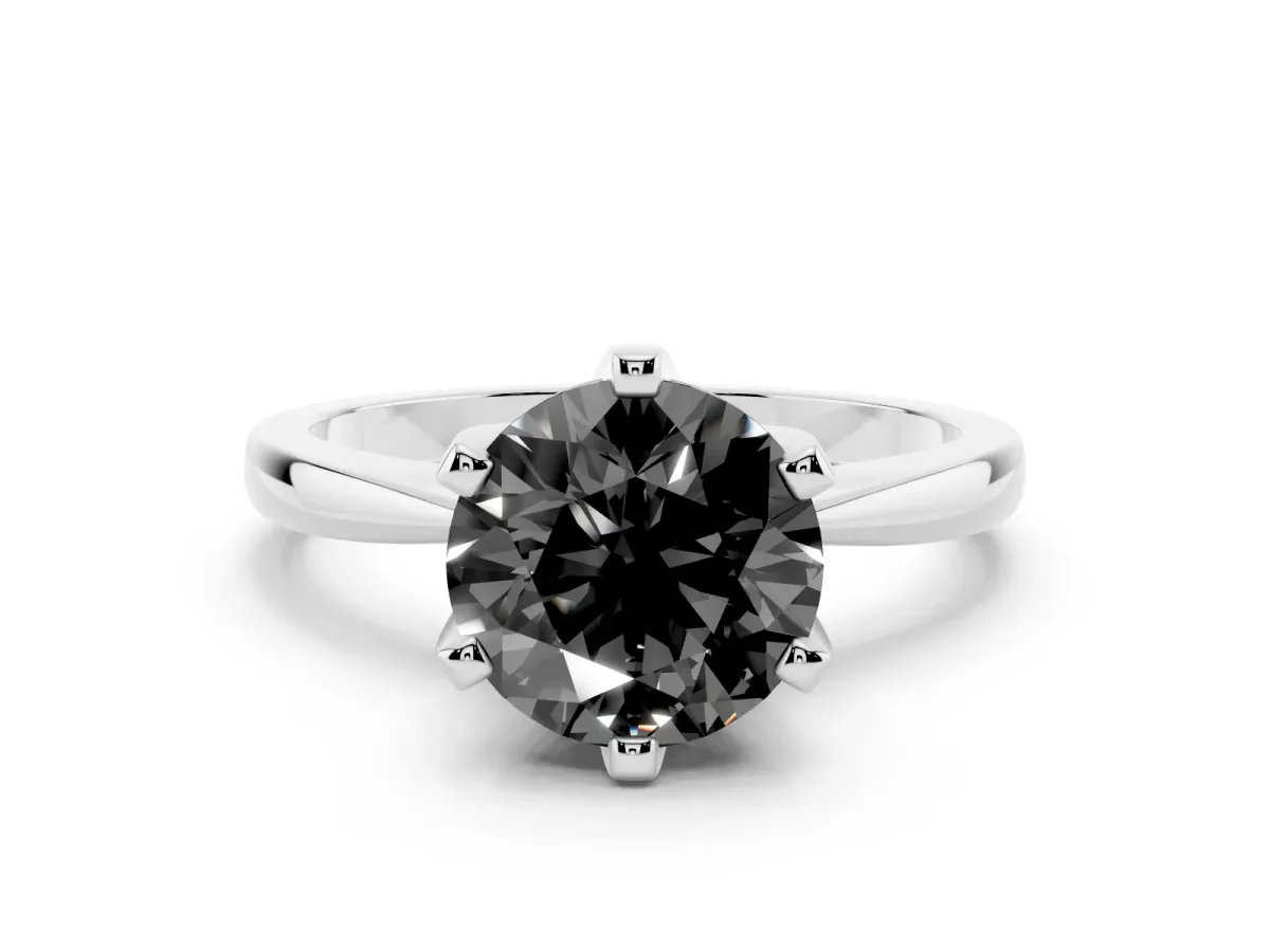 Fancy Black Round Cut Solitaire Engagement Ring with Six-Prong Setting and Tapered Band White gold