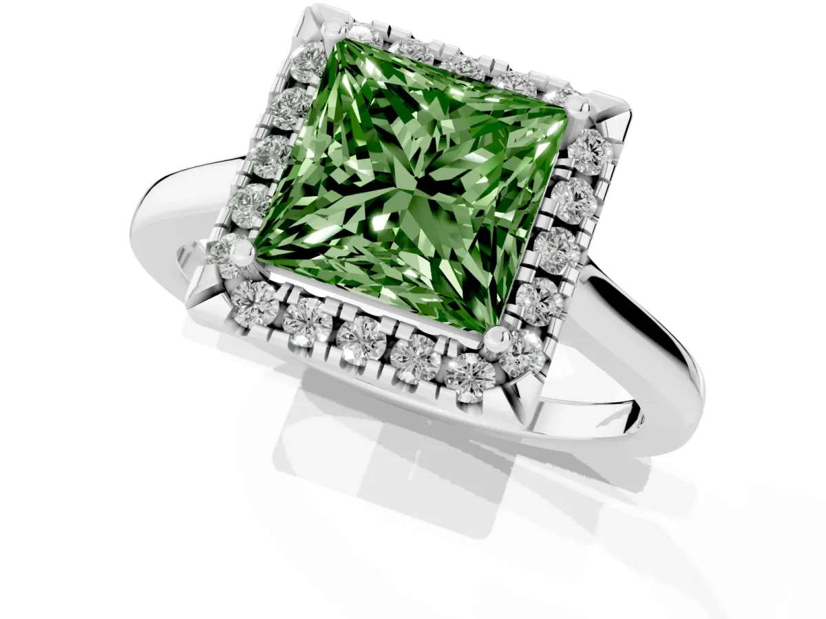 Fancy Green Princess Cut Halo Round Diamond Solitaire Ring with Pavé Band and Four-Prong Setting Platinum