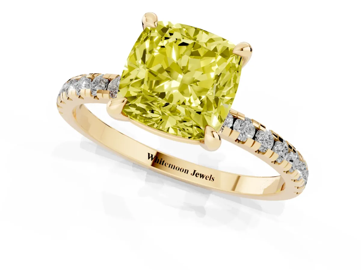 Fancy Yellow Cushion Cut Diamond Brilliant Solitaire Ring with Pavé Band and Four-Prong Setting Yellow gold