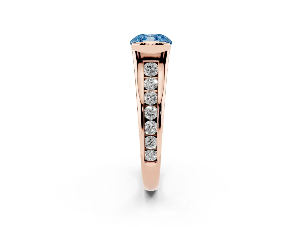 Fancy Blue Cushion Cut Solitaire Bezel-Set Diamond Ring with Channel-Set Band Rose gold