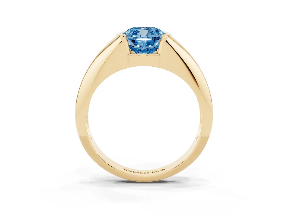 Fancy Blue Cushion Cut Solitaire Tension Set Diamond Ring Yellow gold