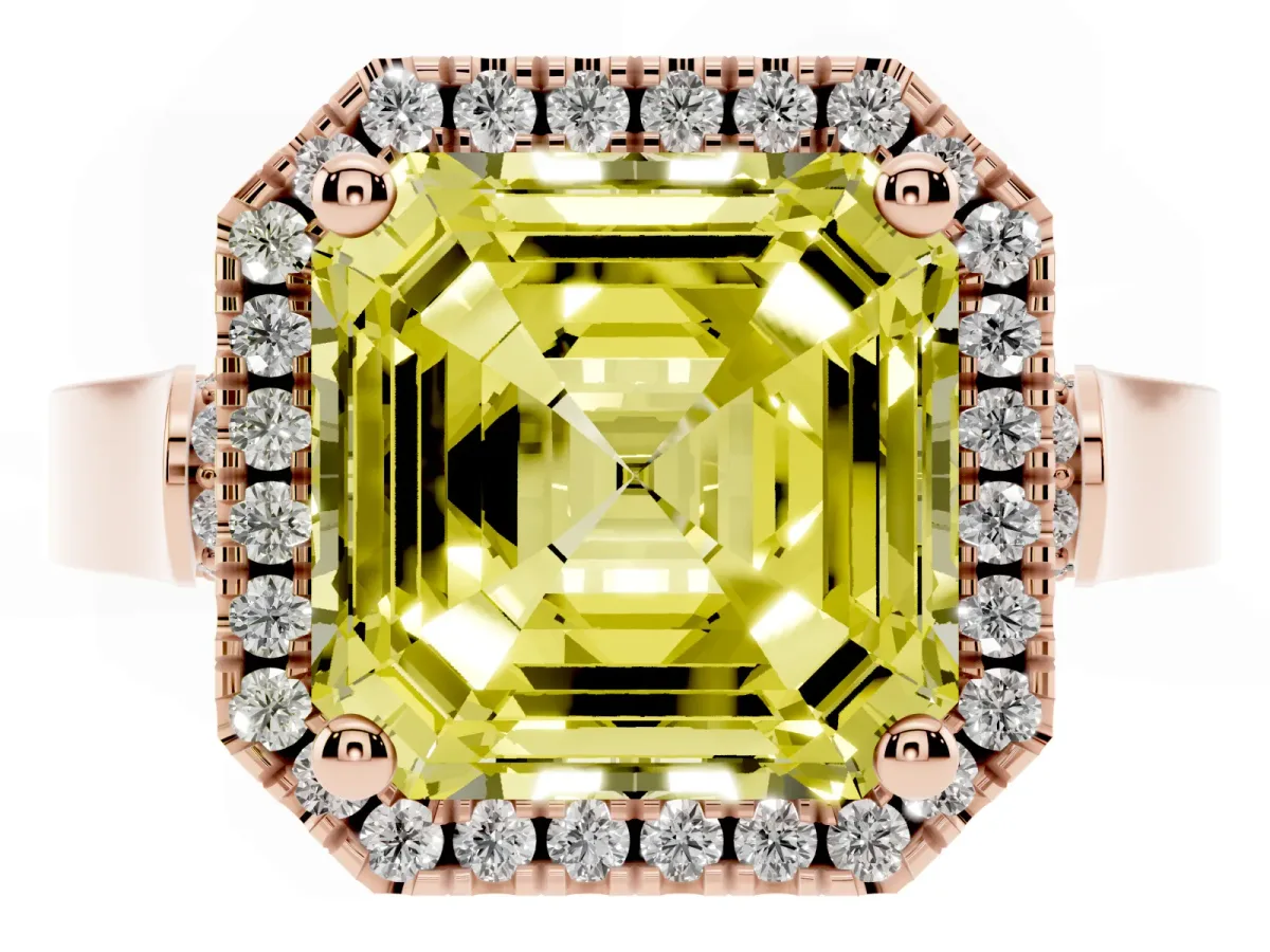 Fancy Yellow Asscher Cut Halo Pave Split Shank Prong Setting Ring Rose gold