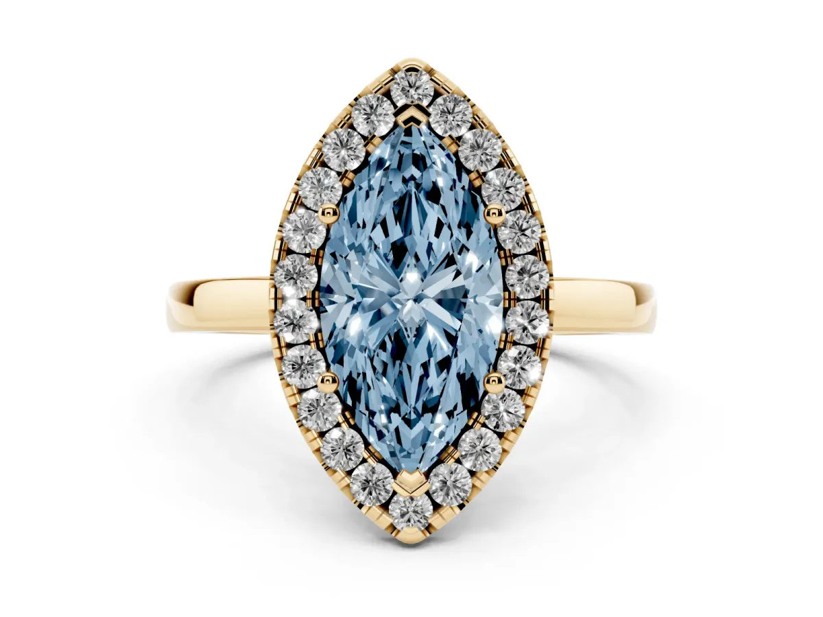 Fancy Blue Marquise Cut Halo Diamond Solitaire with Pavé Band and Four-Prong Setting Yellow gold