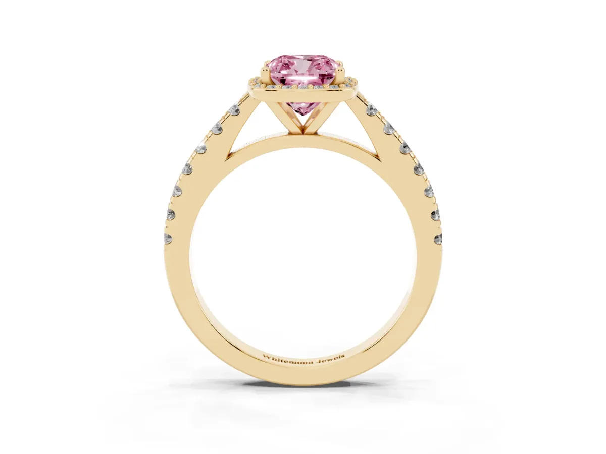 Fancy Pink Cushion Cut Cut Halo Diamond Engagement Ring with Pave Band and Four-Prong Setting Yellow gold