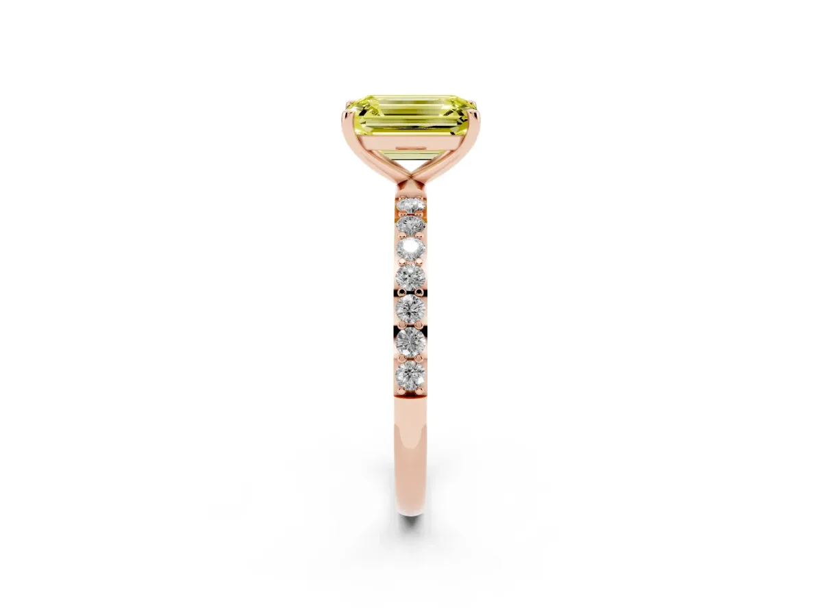 Fancy Yellow Emerald Cut Diamond Solitaire Ring with Round Pavé Shoulders and Prong Setting Rose gold