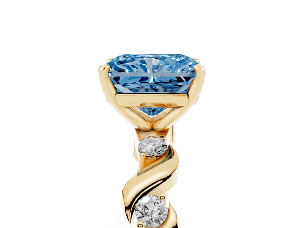 Fancy Blue Radiant Cut Diamond Solitaire Twisted Band with Round Accents and Prong Setting Yellow gold