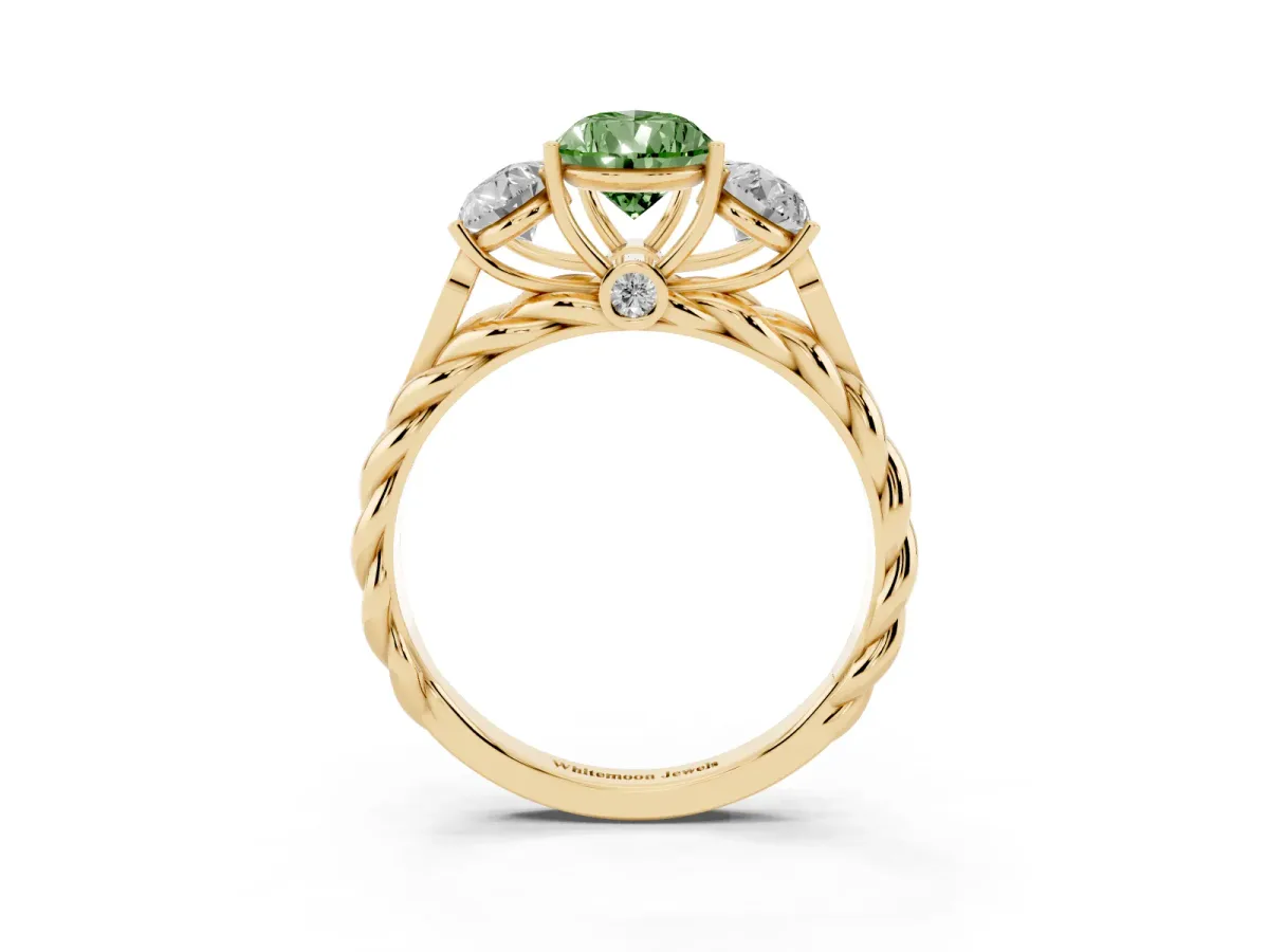 Fancy Green Three-Stone Pear Cut Diamond Braided Band Ring with Four-Prong Setting Yellow gold