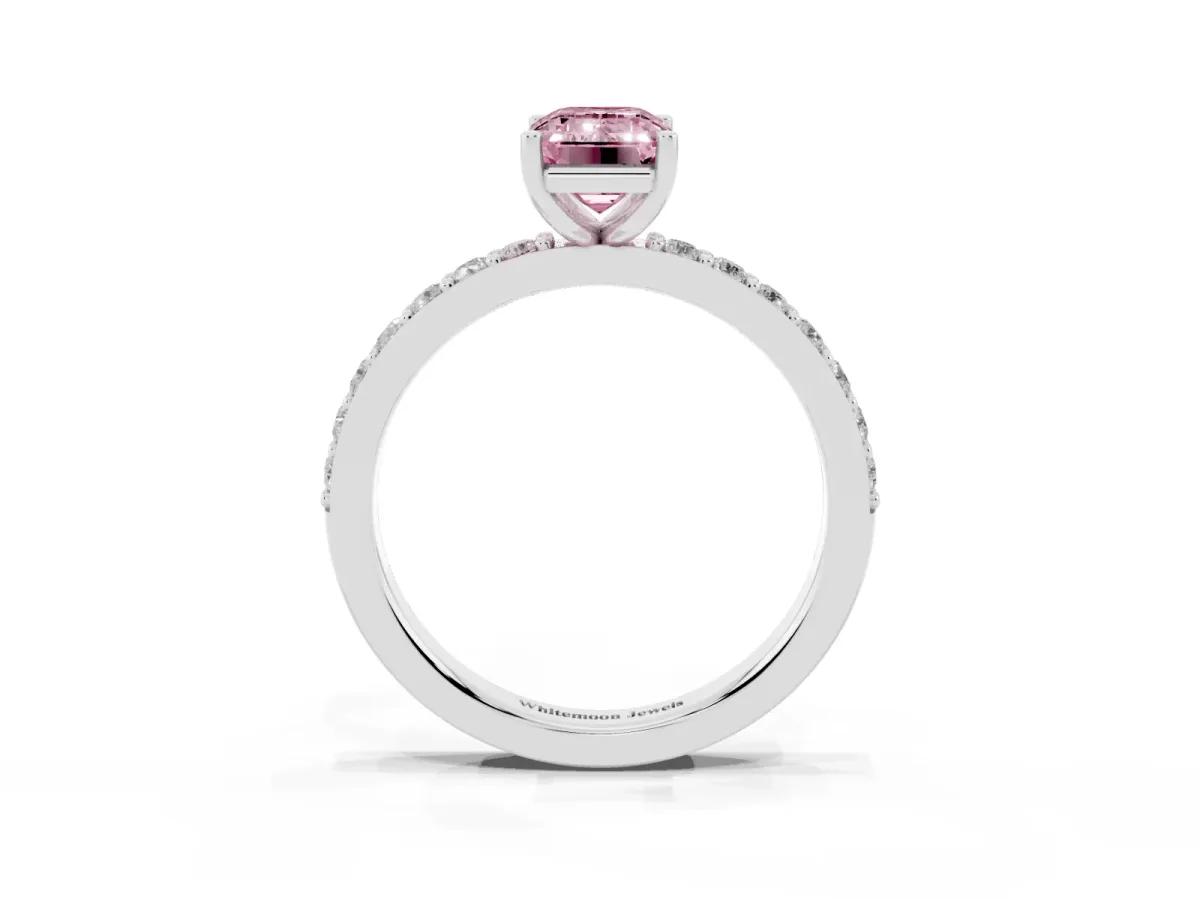 Fancy Pink Emerald Cut Cut Diamond Solitaire with Pave Band and Four-Prong Setting Silver