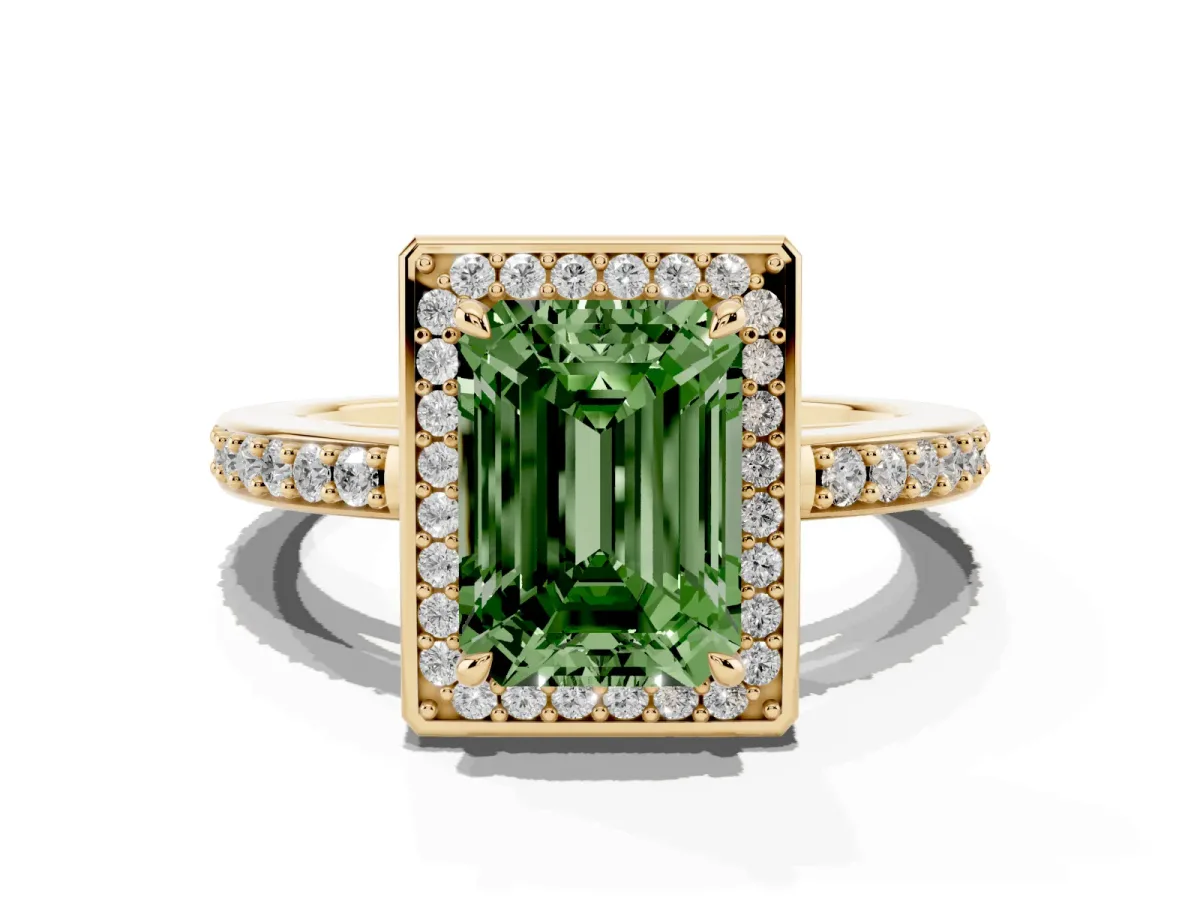 Fancy Green Emerald Cut Halo Pave Band Solitaire Ring with Prong Setting Yellow gold