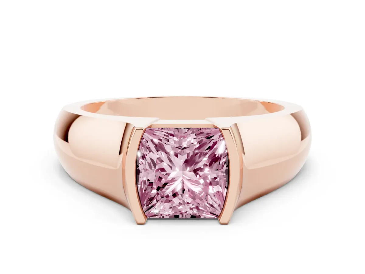 Fancy Pink Princess Cut Solitaire Bezel Set Diamond Ring with Wide Band Rose gold