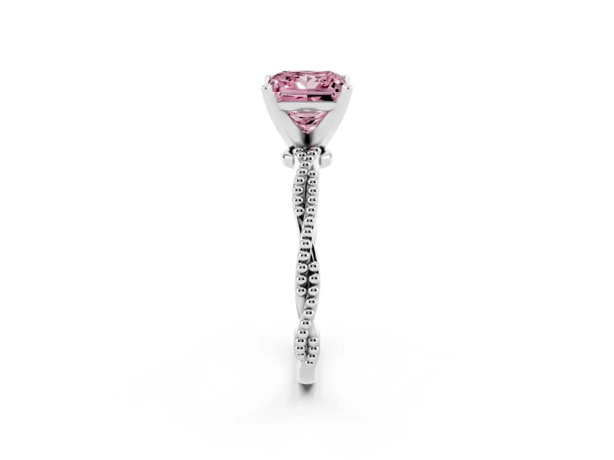 Fancy Pink Princess Cut Solitaire Twisted Band with Bead Prong Setting Platinum