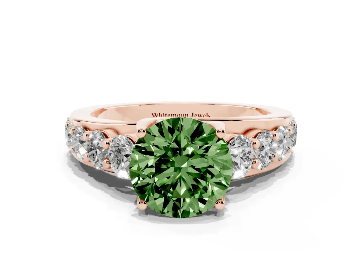 Fancy Green Round Cut Diamond Engagement Ring with Pavé Band and Four-Prong Setting Rose gold
