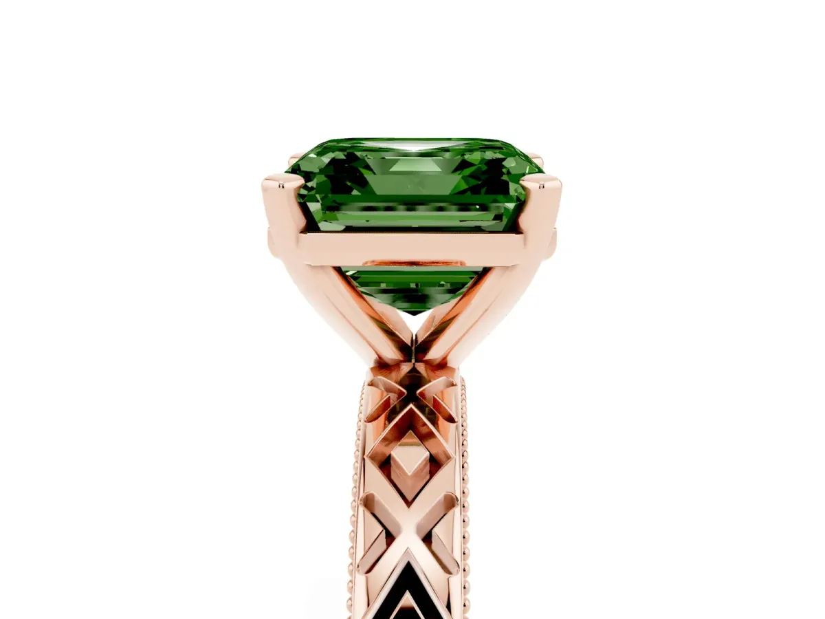 Fancy Green Asscher Cut Solitaire Diamond Ring with Milgrain and Black Enamel X Pattern Band Rose gold