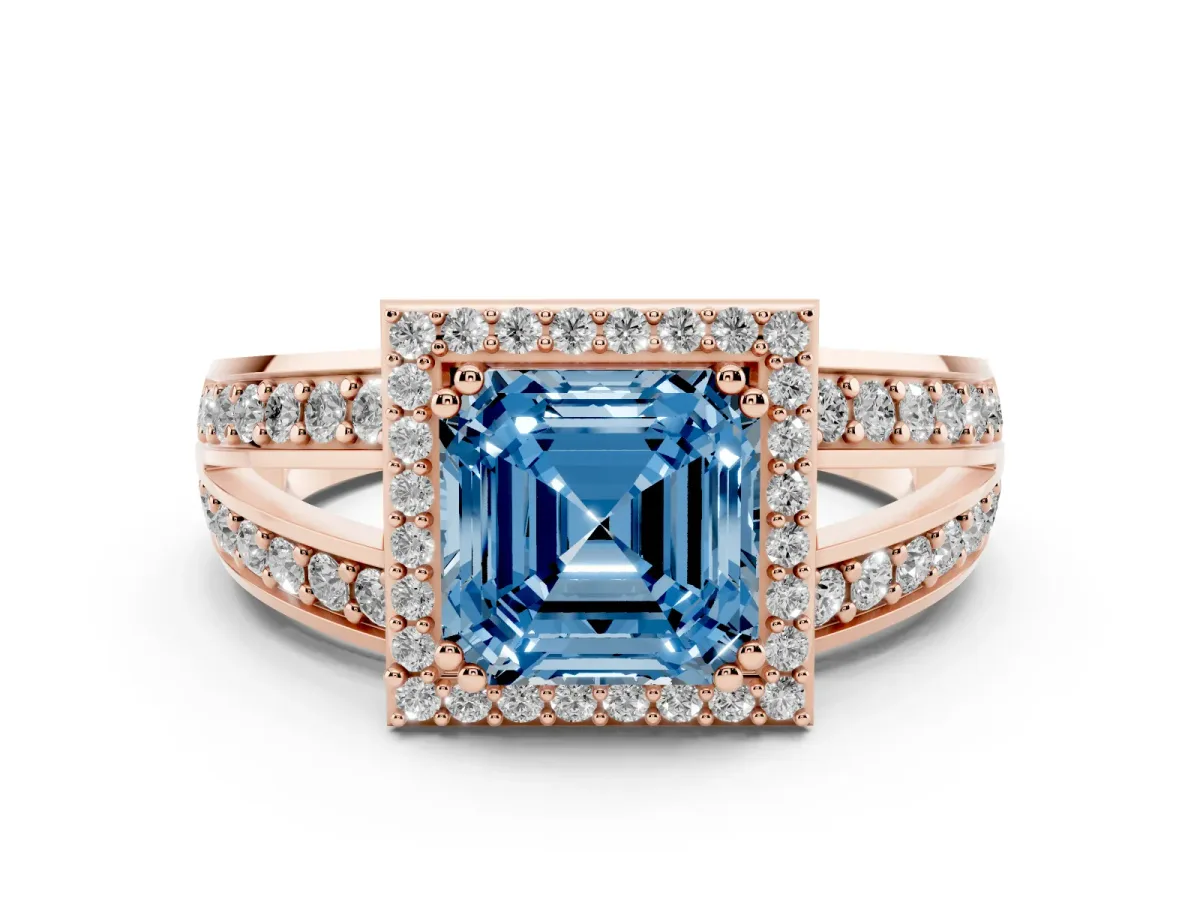 Fancy Blue Asscher Cut Diamond Halo Ring with Split Shank Pavé Band and Four-Prong Setting Rose gold